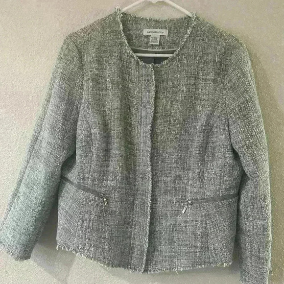Liz Claiborne women’s tweed zip up fringe jacket size L - Picture 6 of 12